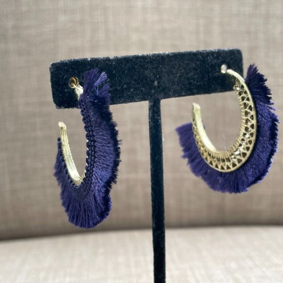 AREA Jewelry Earrings Gold Tone hoops Post Purple Fringe Fabric - Picture 12 of 12